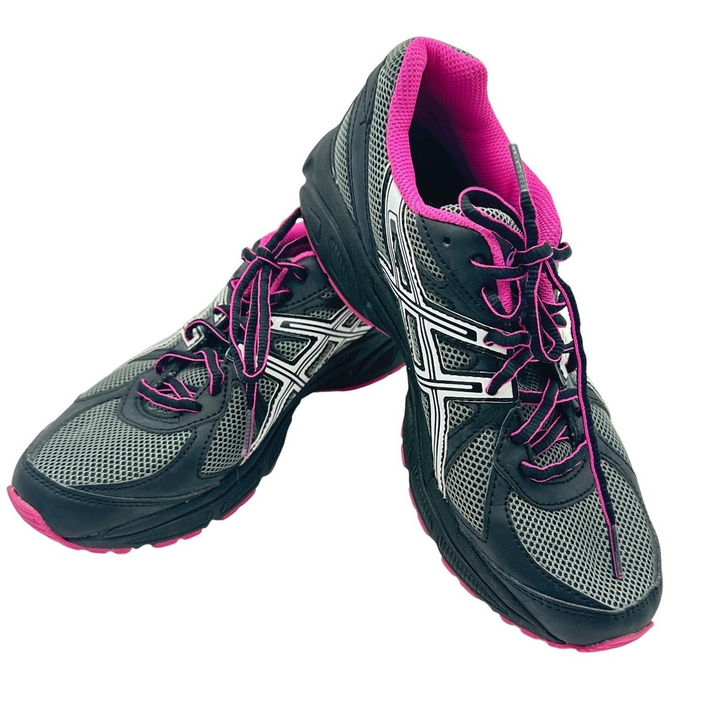 ASICS Running Shoes Women Size‎ 8 Black Pink Grey T28AQ Mesh Lace Up Sneakers